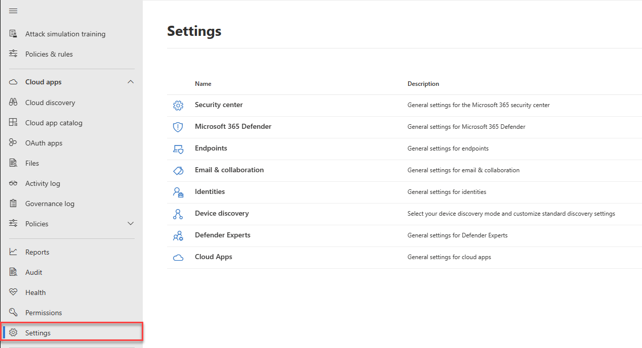 The Settings page in the Microsoft 365 Defender portal