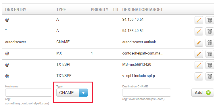 Select the CNAME type from the drop-down list, and fill in the values.