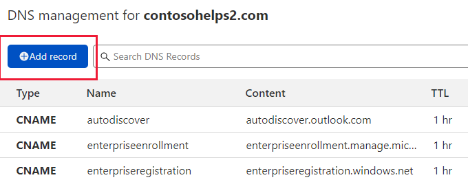 Screenshot of where you select Add record to add a domain verification TXT record.