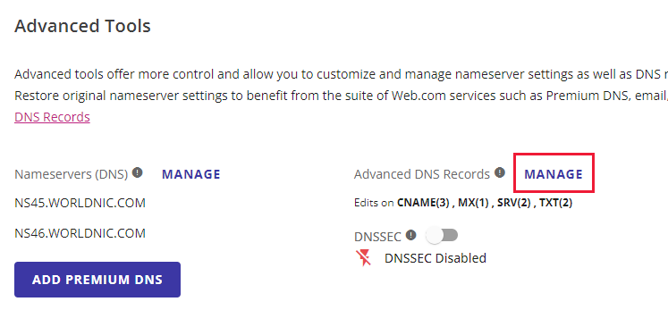 Next to Advanced DNS records, select MANAGE.