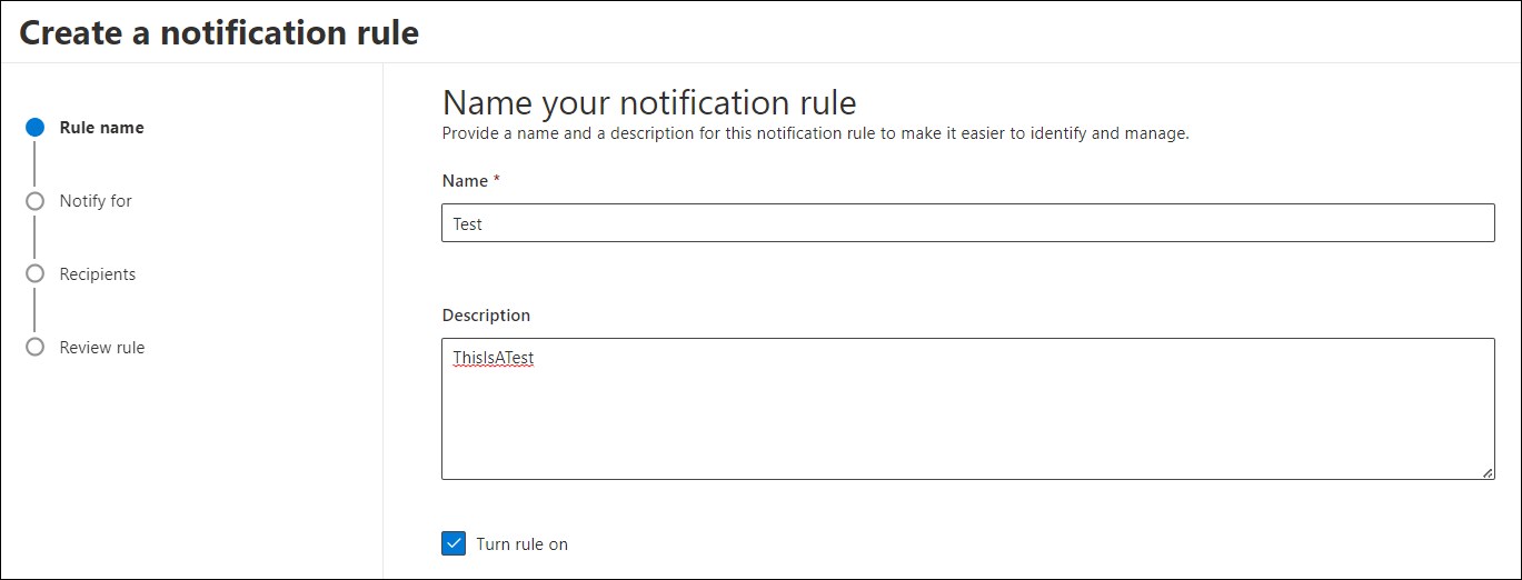 Screenshot of the naming screen, with all fields filled out and the "Turn rule on" checkbox checked