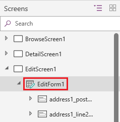 Valige vasakpoolsel navigeerimisribal EditForm1 kuval EditScreen1.