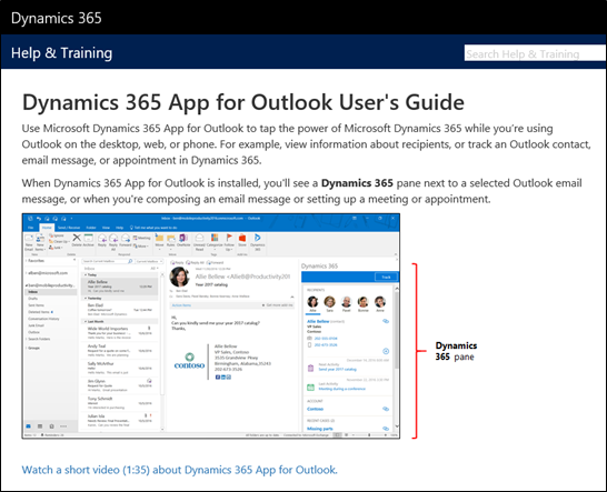 Rakenduse Dynamics 365 Outlooki jaoks kasutusjuhendi leht