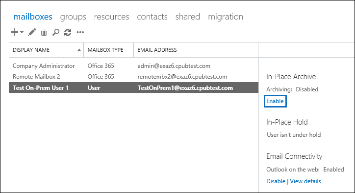 Click Enable in the details pane to enable the archive mailbox for the selected user.