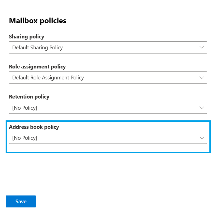 Screenshot that shows Address book policy settings for a mailbox in the EAC at Recipients > select mailbox > Edit > Mailbox features.