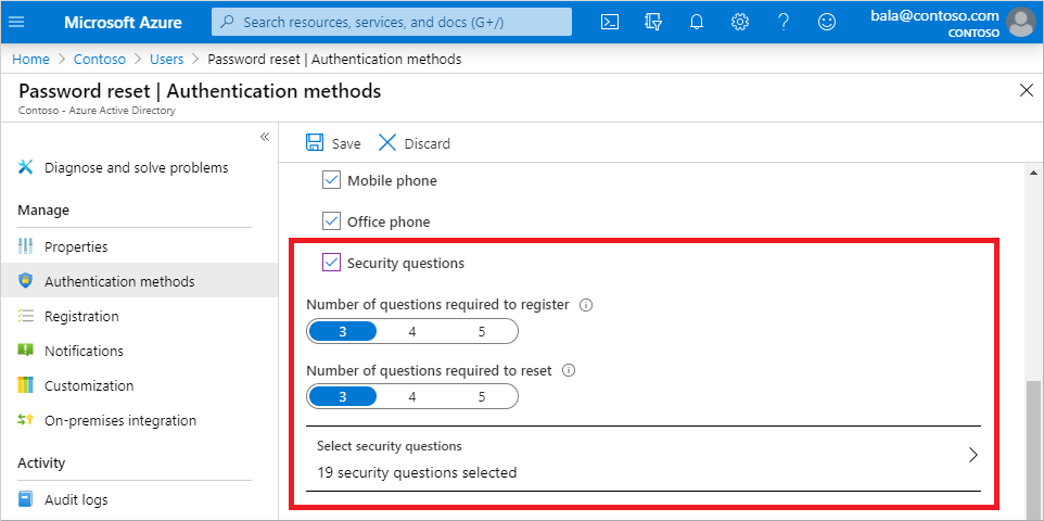 Screenshot of the Azure portal that shows authentication methods and options for security questions