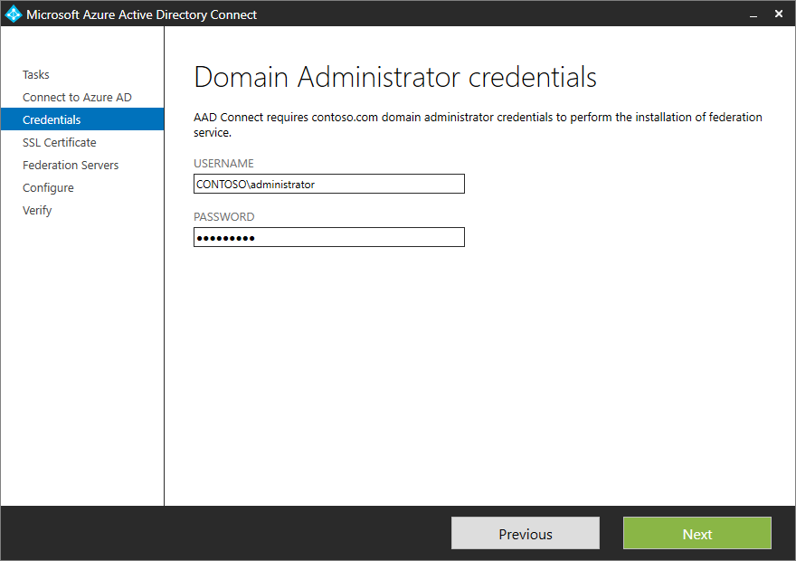 Screenshot that shows the "Connect to Microsoft Entra ID" page, with sample credentials entered.