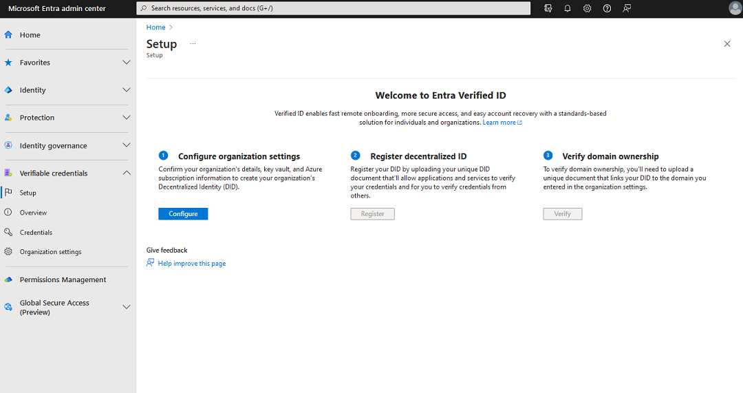 Screenshots that shows how to set up Verifiable Credentials.