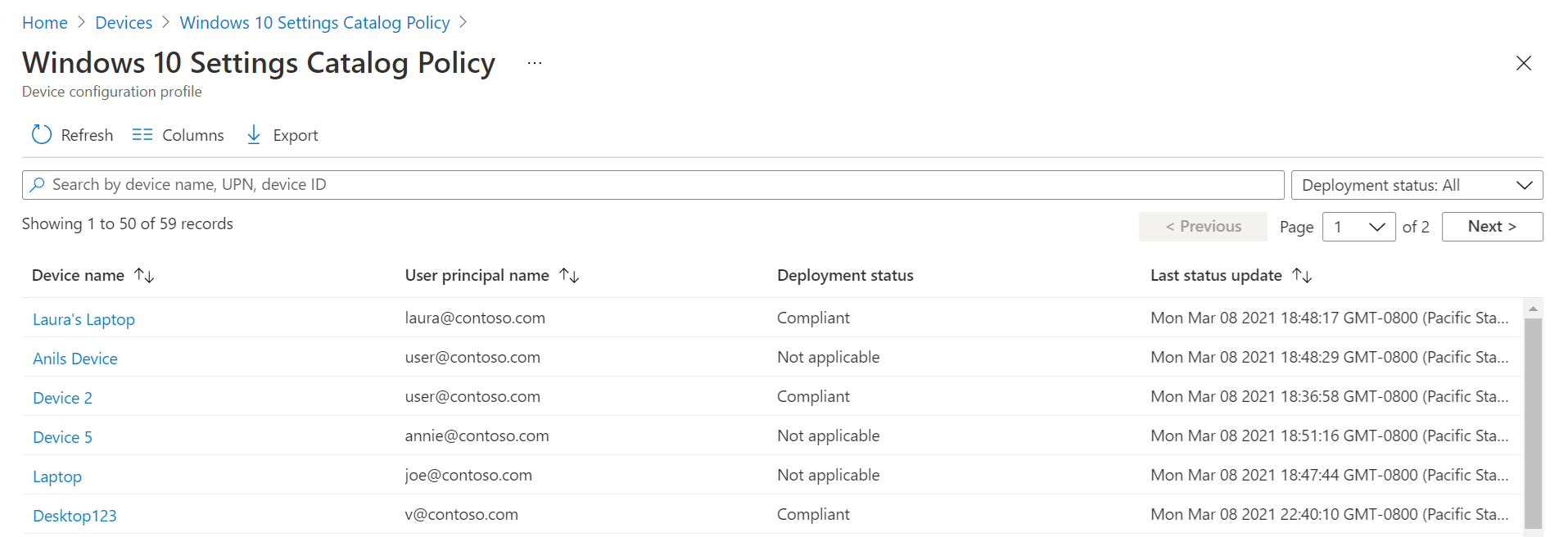 See detailed report information in Microsoft Intune and Endpoint Manager admin center, including device name, policy status, and more.