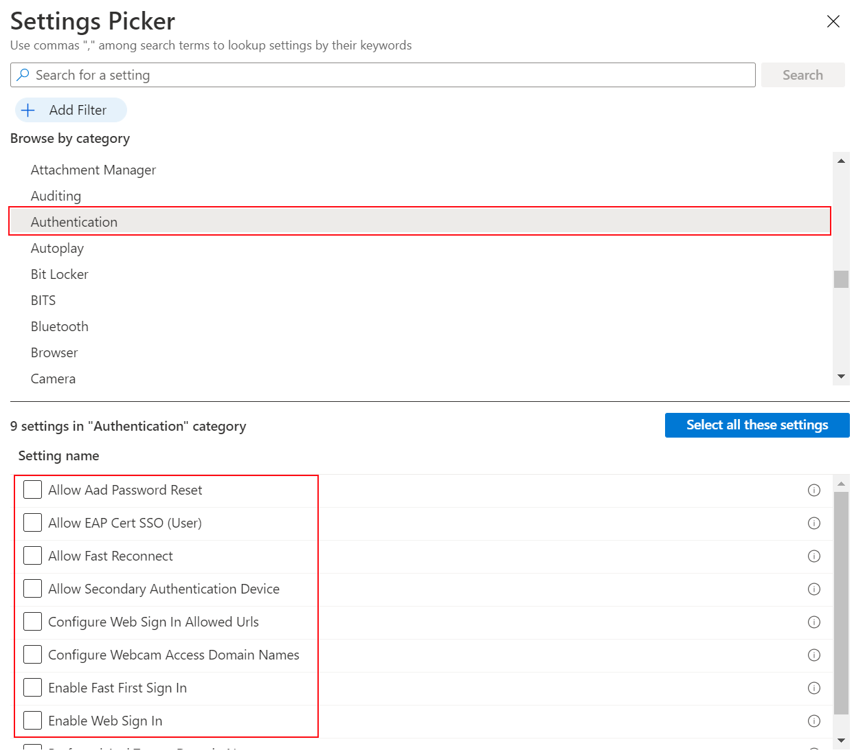 In Settings Catalog, select Windows and select Authentication in Microsoft Intune and Endpoint Manager admin center.