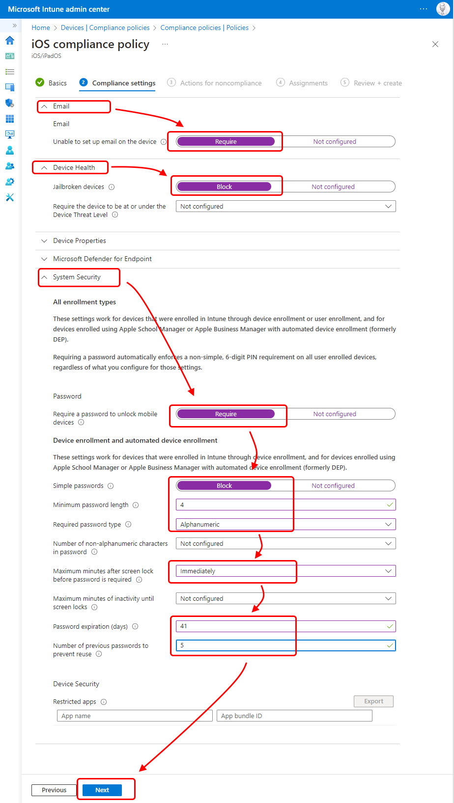 Set password settings for the email compliance policy