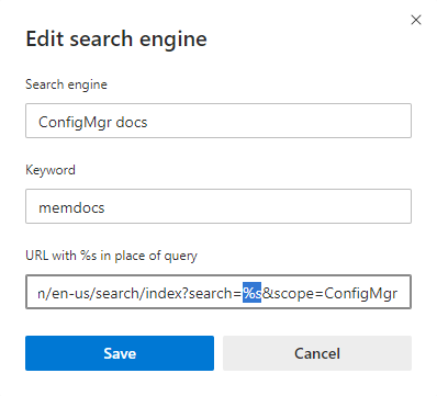 Add to Microsoft Edge a custom search engine for Microsoft Docs.