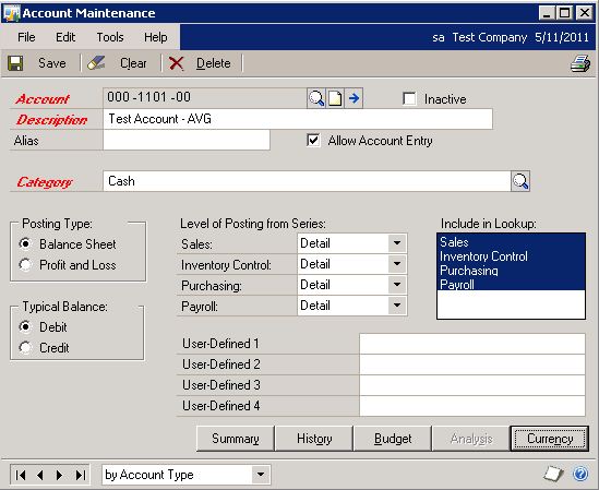 Screenshot of Account Maintenance window.