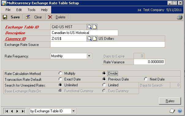 Screenshot of Multicurrency Exchange Rate Table Setup window for a historical table.