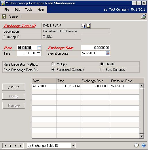 Screenshot of Multicurrency Exchange Rate Maintenance window for an average table.