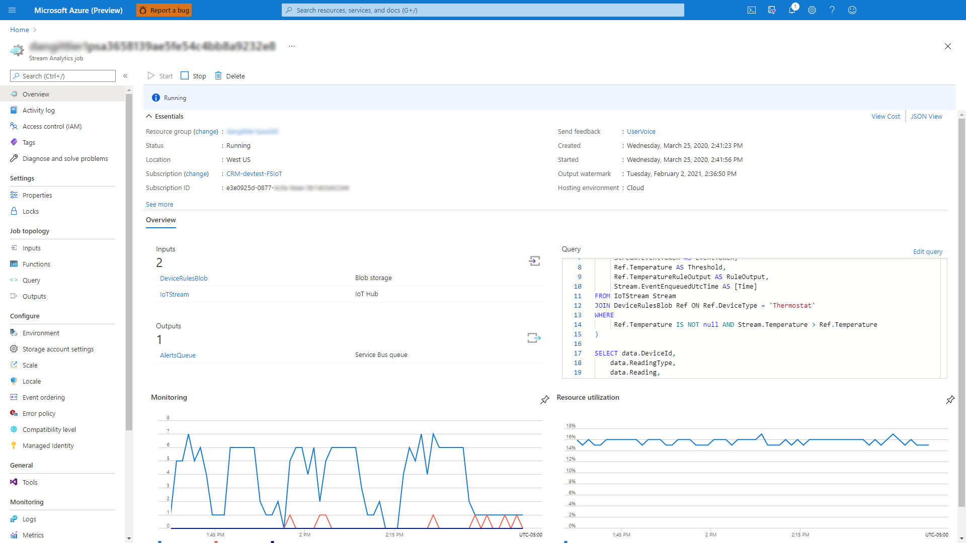 Näyttökuva Microsoft Azuresta, jossa näkyy asianmukainen resurssiryhmä ja Stream Analytics -työ.