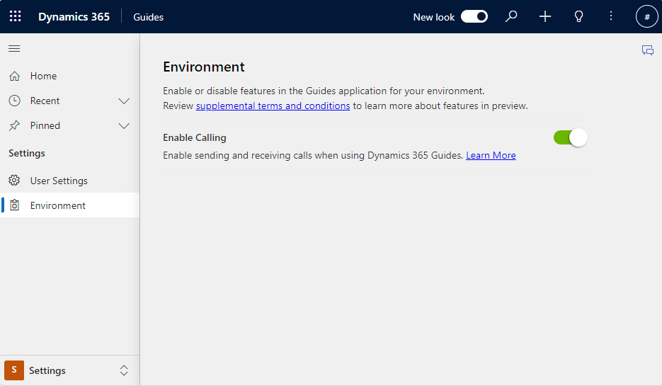 Screenshot that shows enable and disable calling toggle in the Guides model-driven app.