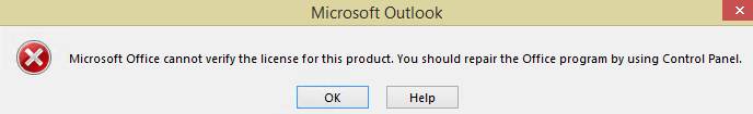 Näyttökuva virheilmoituksesta, jonka mukaan Microsoft Office ei pysty vahvistamaan tämän tuotteen käyttöoikeutta.
