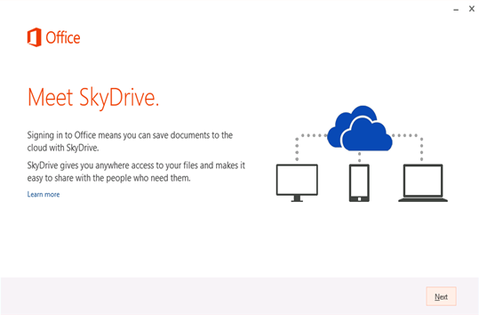 Ensimmäisen suorituksen näyttökuva, jossa näkyy Tutustu SkyDriveen.