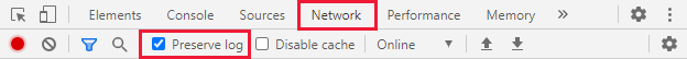 Developer tools with network tab and preserve log selected.