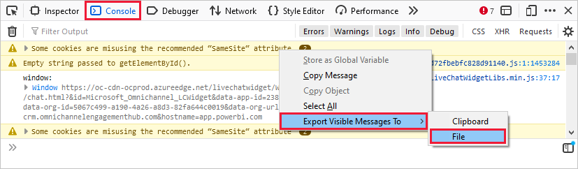 Console tab selected and export visible messages option shown.