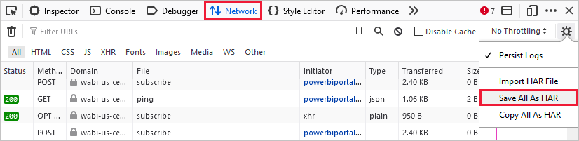 Network tab with HAR export/import menu and save all options selected.