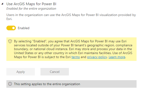 Screenshot of the use arc gis maps for power b i admin setting.