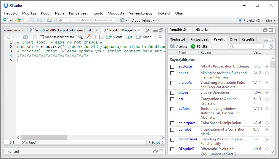 Screenshot of the R I D E launched in Power B I Desktop, showing it in R Studio.