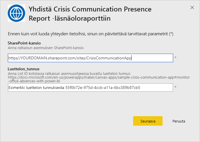 Crisis Communication Presence Report app URL dialog