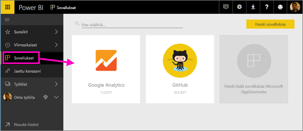 Screenshot shows the Power BI service with Apps selected in the navigation bar.