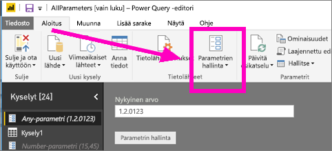 Screenshot of Power Query Editor Home tab showing Manage Parameters option in Power BI Desktop.