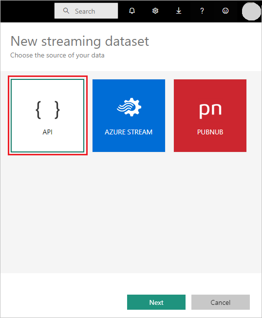 Screenshot of the New streaming dataset choices, showing the A P I selection.