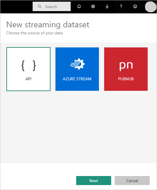Screenshot of the New streaming dataset choices, showing A P I and PubNub options.
