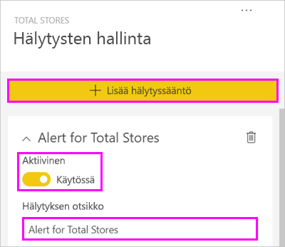 Screenshot of the Manage alerts window, highlighting Add alert rule, the Alert total set to on, and Alert for Total Stores.