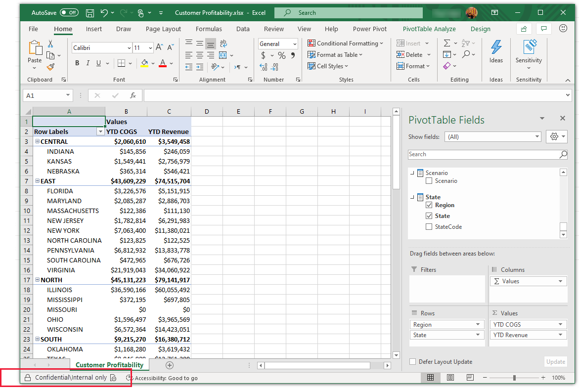Näyttökuva Excelistä, jossa näkyy reaaliaikaisen yhteyden kautta semanttisesta mallista periytynyt luottamuksellisuustunniste.