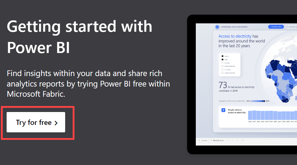 Näyttökuva Power BI -palvelu, joka näyttää powerbi.microsoft.com verkkoselaimessa.