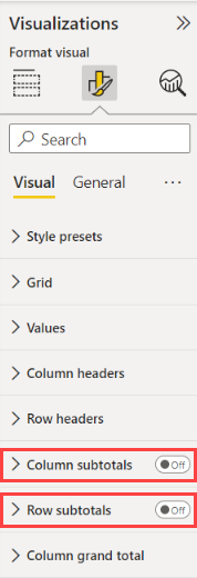Screenshot of the Power BI Visualizations pane, which shows the Column and Row subtotals field wells.