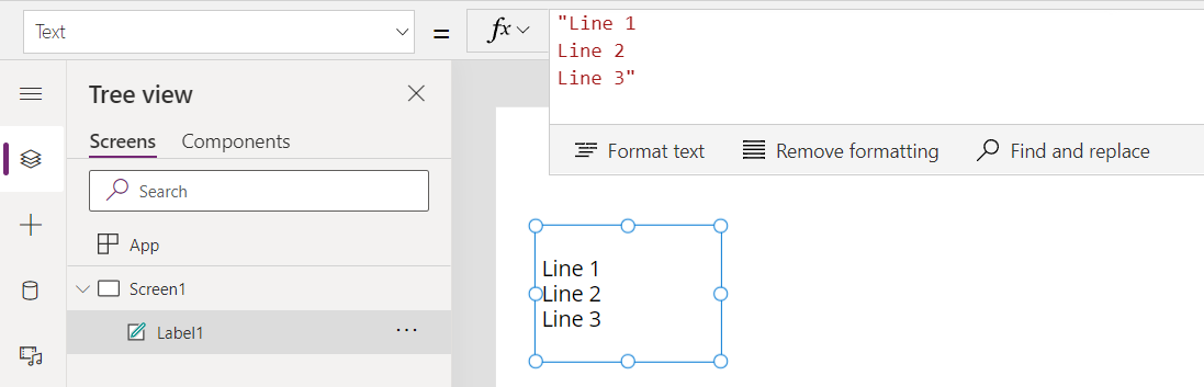 Upotettu tekstimerkkijono ja selite-ohjausobjekti, jossa näkyy kolme riviä Line 1, Line 2 ja Line 3.