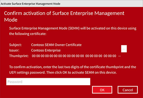 Screenshot shows the confirm-activation dialog box where you enter your two-character certificate thumbprint and your UEFI settings password.