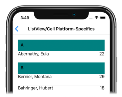 Screenshot of the Teal group header cells, on iOS
