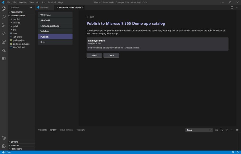 Capture d’écran de la soumission d’application dans Visual Studio Code.