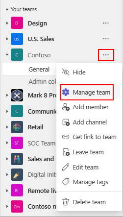 Capture d’écran montrant l’option Gérer l’équipe pour modifier les paramètres d’une équipe.