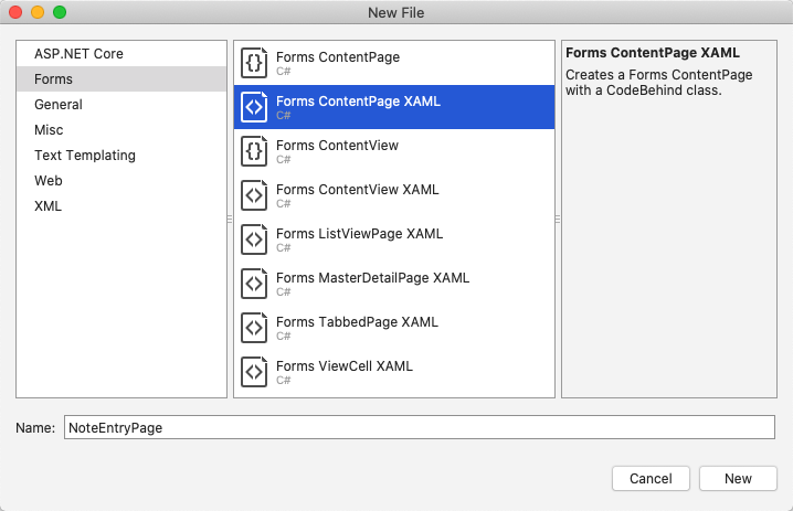 Ajouter Xamarin.Forms ContentPage