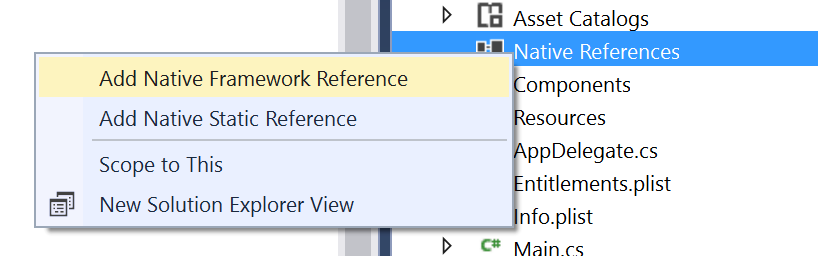 Sélectionnez Ajouter des références natives dans Visual Studio.
