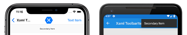 Capture d’écran du menu secondaire « ToolbarItem » Android et iOS »