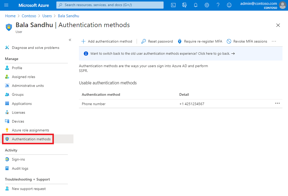 Capture d’écran du centre d’administration Microsoft Entra montrant les méthodes d’authentification avec un numéro de téléphone renseigné