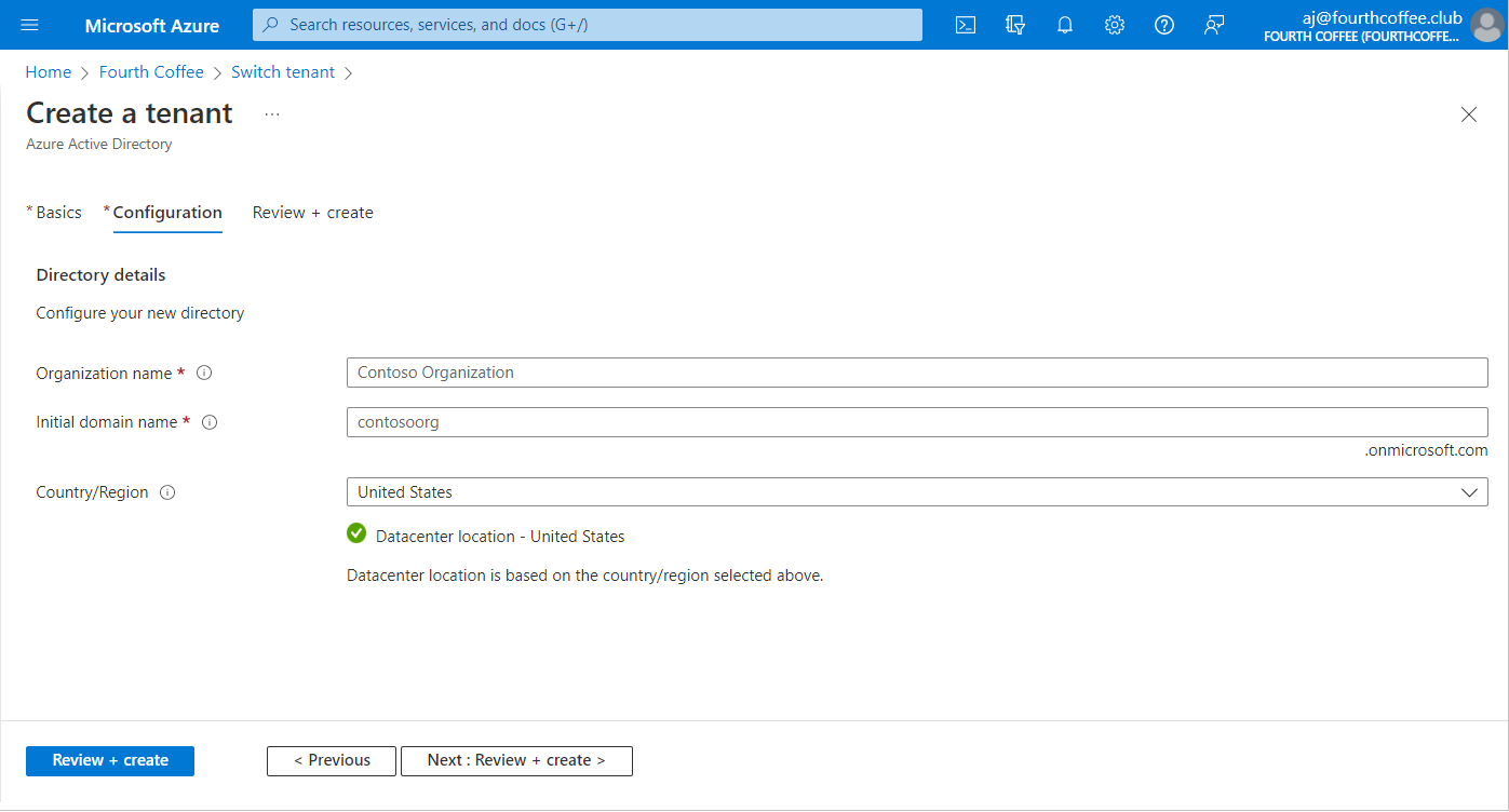 Capture d’écran de Microsoft Entra ID : page Créer un tenant – Onglet de configuration.