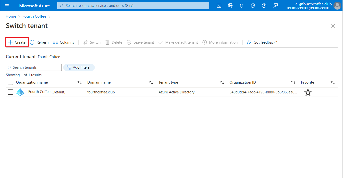 Capture d’écran de Microsoft Entra ID : page de vue d’ensemble – Créer un tenant.
