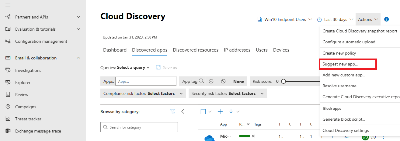 Screenshot showing the Suggest an app menu item in Defender for Cloud Apps.