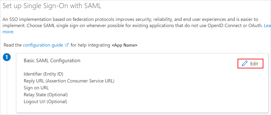 Screenshot that shows the pencil button for editing the basic SAML configuration.
